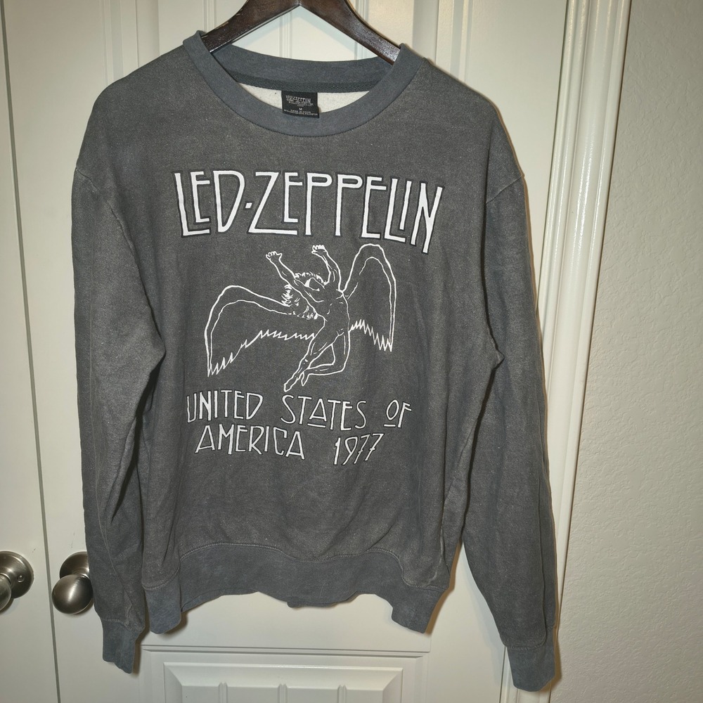Led Zeppelin USA 1977 Tour Graphic Sweatshirt Charcoal Grey Acid Wash Medium